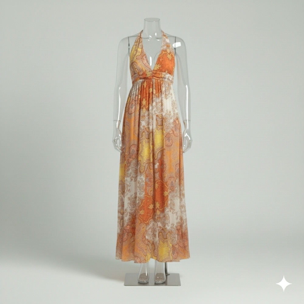 Halter Maxi Dress in Orange Paisley Print